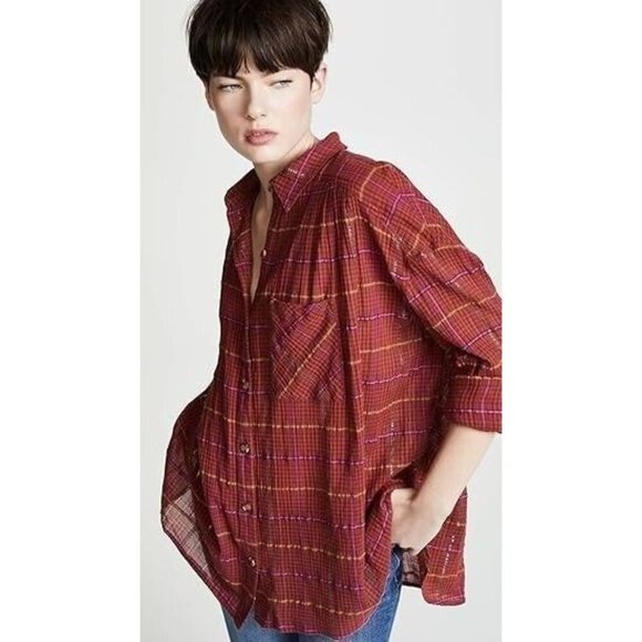 Free People Break Red / Orange Plaid My Stride Button Up /Down Long Sleeve Top S - Picture 2 of 11
